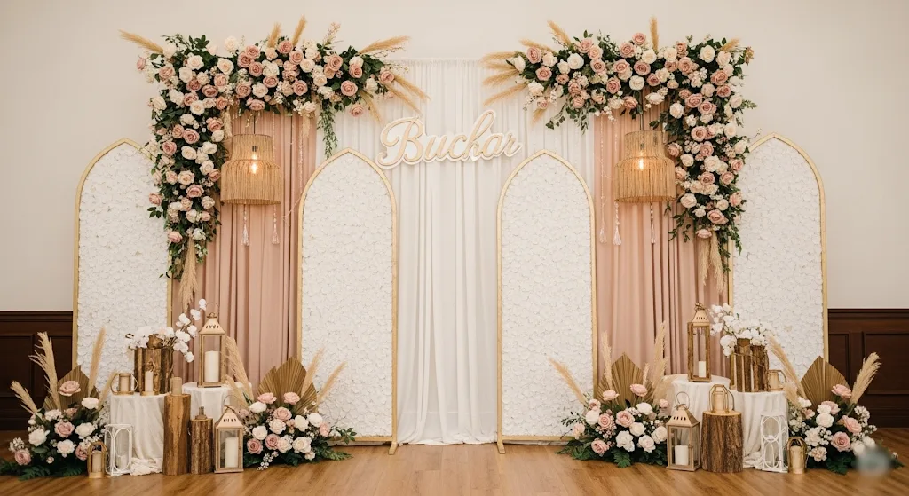 Engagement stage decoration with floral installations